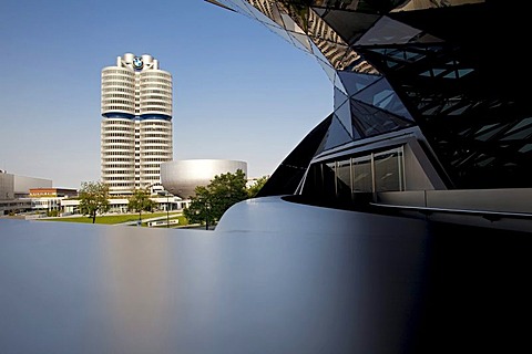 Headquarters of Bayerische Motoren Werke AG, BMW, at front the modern convention building and the BMW Welt Museum, BMW world, Munich, Bavaria, Germany, Europe