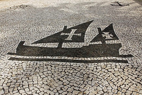 Cobblestone paving with the image of a ship, promenade in Santa Cruz, Madeira, Portugal, Europe