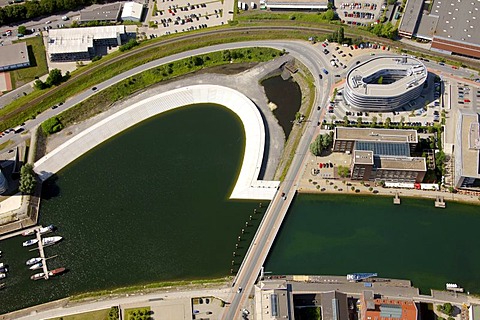 Aerial view, curved wall, administrative building of Alltours, a German travel business, Innenhafen inland harbour, Duisburg, Ruhrgebiet area, North Rhine-Westphalia, Germany, Europe