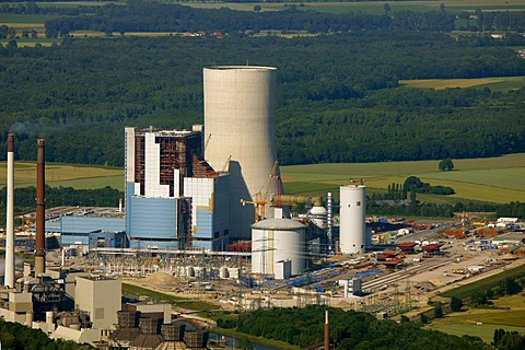 Aerial view, Datteln4 coal power plant of the EON energy corporation, building freeze, Dortmund-Ems canal, Recklinghausen, Ruhrgebiet area, North Rhine-Westphalia, Germany, Europe