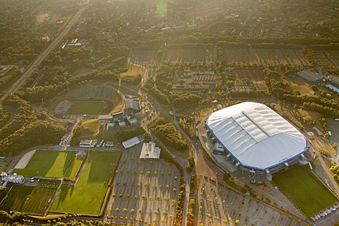 Aerial view, Schalkearena stadium, Arena auf Schalke stadium, Veltins-Arena stadium, stadium of a German Bundesliga club in the morning, Buer district, Gelsenkirchen, Ruhrgebiet area, North Rhine-Westphalia, Germany, Europe