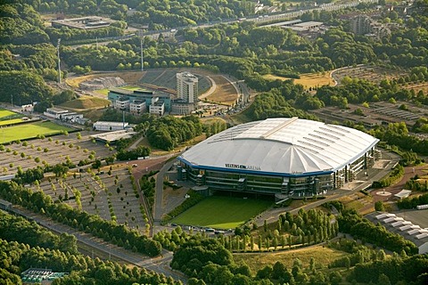 Aerial view, Schalkearena stadium, Arena auf Schalke stadium, Veltins-Arena stadium, stadium of a German Bundesliga club, Buer district, Gelsenkirchen, Ruhrgebiet area, North Rhine-Westphalia, Germany, Europe