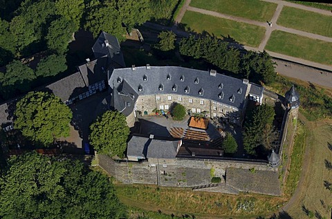 Aerial view, motte, renovated Schloss Hohenlimburg castle, Hagen, Ruhrgebiet area, North Rhine-Westphalia, Germany, Europe