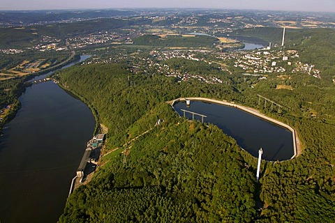 Aerial view, Koepchenwerk pumped-storage plant with reservoirs owned by RWE, a German electric power company, Ruhr river, Ruhrtal valley, Herdecke, Ruhrgebiet area, North Rhine-Westphalia, Germany, Europe