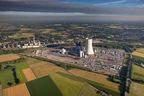 Aerial view, new construction of a power plant, building freeze, EON Datteln4 power plant, coal power station, Dortmund-Ems Canal, Datteln, Ruhrgebiet area, North Rhine-Westphalia, Germany, Europe