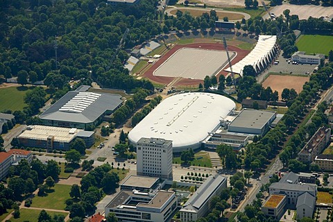 Aerial view, Gunda-Niemann-Stirnemann indoor ice rink, Steigerwaldstadion stadium, Erfurt, Thuringia, Germany, Europe