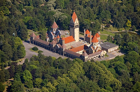 Aerial view, chapel complex with bell tower, Southern Cemetery, Leipzig, Saxony, Germany, Europe