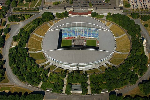 Aerial view, Zentralstadion stadium, Elsterbecken, public viewing at the stadium, Leipzig, Saxony, Germany, Europe