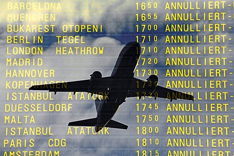 Arrival and departure board at airport, flying ban because of volcanic eruption, canceled flights