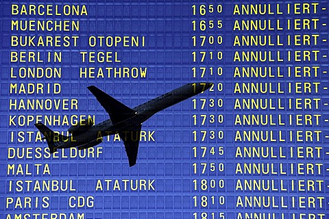 Arrival and departure board at airport, flying ban because of volcanic eruption, canceled flights