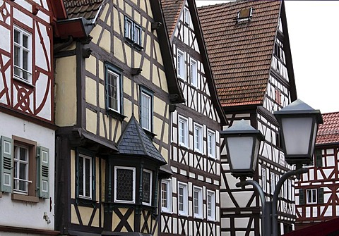 Half-timbered houses on the main road, Mosbach, Deutsche Fachwerkstrasse Street, Kraichgau, Baden-Wuerttemberg, Germany, Europe