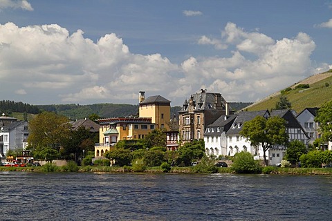 View towards historic buildings on the banks of the Moselle River at Traben-Trarbach, Rhineland-Palatinate, Germany, Europe