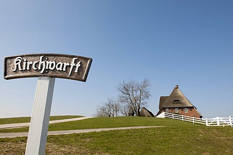 The Kirchwarft dwelling mound with a thatched church and the pastorate on Hallig Hooge Island, North Sea, Schleswig-Holstein's Wadden Sea National Park, UNESCO World Heritage Site, Northern Friesland, Northern Germany, Europe