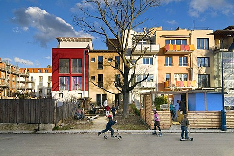 Low energy houses in the Vauban district, designed for the EXPO 2010 in Shanghai, Freiburg, Breisgau, Baden-Wuerttemberg, Germany, Europe