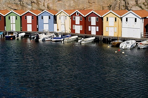 Wooden huts in a row, Smoegen, Bohuslaen, Sweden, Scandinavia, Europe