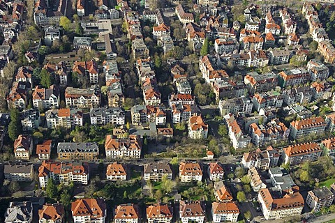 Aerial view of old buildings in Freiburg im Breisgau, Baden-Wuerttemberg, Germany, Europe