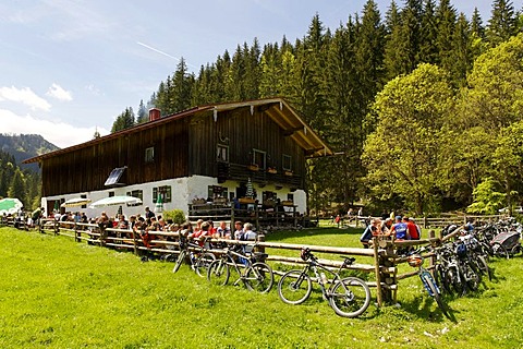 Langerbaueralm mountain hut at the Roethelmoosalm near Ruhpolding, Chiemgau, Upper Bavaria, Bavaria, Germany, Europe