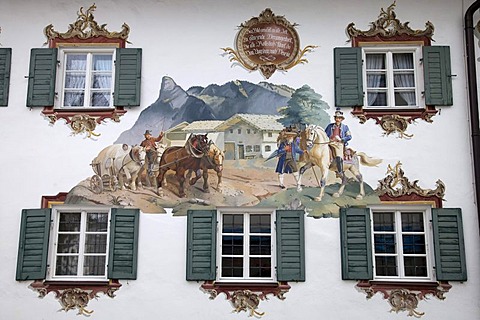 "Lueftlmalerei", traditional mural art, Alte Post Hotel, Oberammergau, Upper Bavaria, Bavaria, Germany, Europe