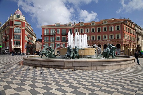 Fountain in Place Massena square, Nice, Cote d'Azur, France, Europe