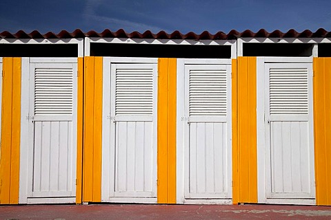 Changing cabins on the beach, Pietra Ligure, Italian Riviera, Liguria, Italy, Europe