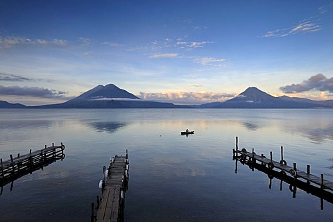 Lake Atitlan, San Pedro volcano, Toliman volcano, Atitlan, fisherman, Guatemala, Central America