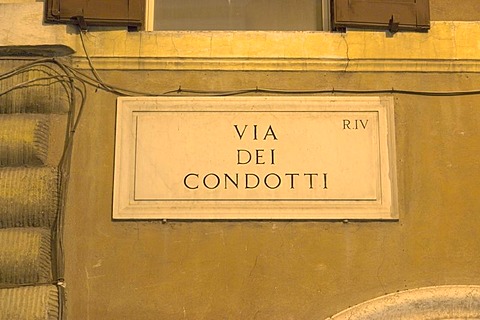 Street sign Via dei Condotti, by night, Rome, Italy, Europe