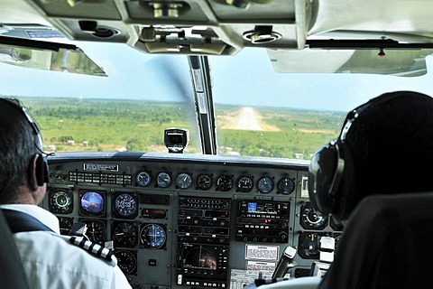 View from the cockpit of a small propeller plane, landing at Bilwi, Nicaragua, Central America