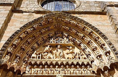 South portal, Romanesque church of Santa Maria la Real, village of Sasamon, province of Burgos, Camino de Santiago, Way of St. James, Castilla, Spain, Europe