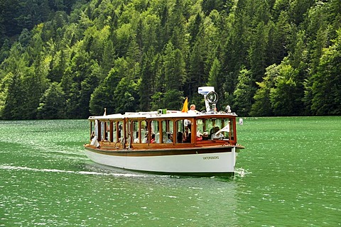 Electric boat "Untersberg" of the Koenigssee-Schifffahrt line near Koenigssee village, Koenigssee lake, Nationalpark Berchtesgaden Alpine national park, Bavaria, Germany, Europe