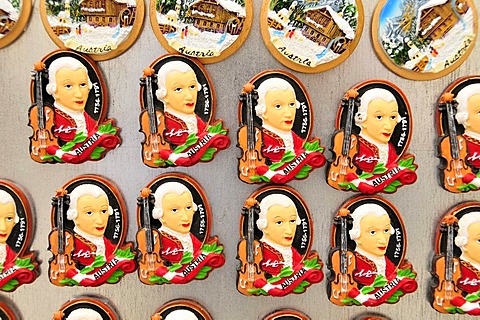 Refrigerator magnets with the image of Wolfgang Amadeus Mozart at a kiosk in the historic town centre of Salzburg, Salzburg, Austria, Europe