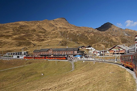 Kleine Scheidegg mountain pass with Jungfraubahn, Mt Jungfrau rail service, Top of Europe, Bernese Oberland, Canton Bern, Switzerland, Europe