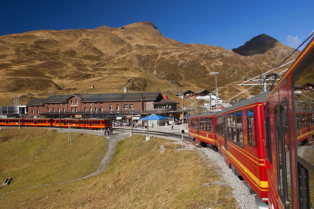 Kleine Scheidegg mountain pass with Jungfraubahn, Mt Jungfrau rail service, Top of Europe, Bernese Oberland, Canton Bern, Switzerland, Europe