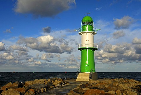 Green-white lighthouse on the Warnemuende mole, Rostock-Warnemuende, Mecklenburg-Western Pomerania, Germany, Europe