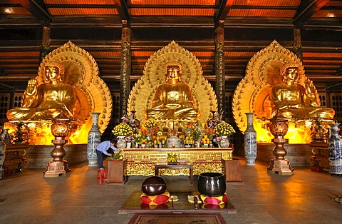 Buddha statues made of bronze in the second temple of the Chua Bai Dinh pagoda, currently a construction site, to become one of the largest pagodas in Southeast Asia, near Ninh Binh, Vietnam, Southeast Asia