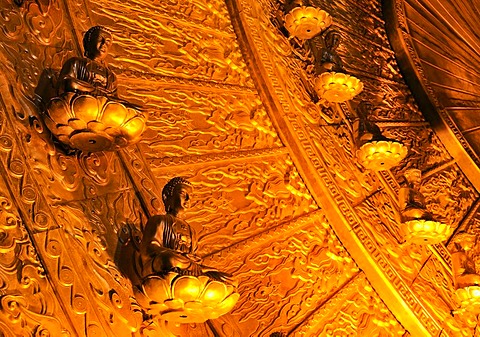 Detail of a Buddha statue, the largest and heaviest bronze statue in Vietnam inside the Chua Bai Dinh pagoda, currently a construction site, to become one of the largest pagodas in Southeast Asia, near Ninh Binh, Vietnam, Southeast Asia