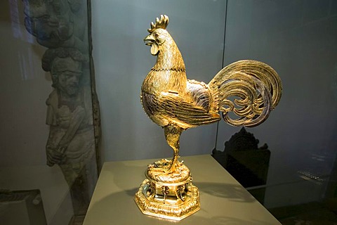 Golden cock, goblet, inside Friedenssaal, peace hall, site of the Spanish-Dutch peace in 1648, Peace of Westphalia, Muenster, North Rhine-Westphalia, Germany, Europe