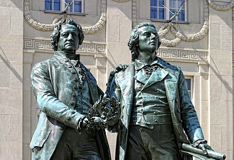 Monument of Johann Wolfgang von Goethe and Friedrich Schiller in front of the German National Theater in Weimar, Thuringia, Germany, Europe