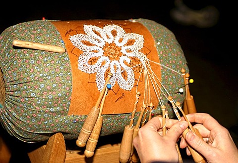 Lace-making cushion, bobbin lacemaking in the Erzgebirge area, Saxony, Germany, Europe