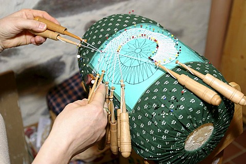 Lace-making cushion, bobbin lacemaking in the Erzgebirge area, Saxony, Germany, Europe