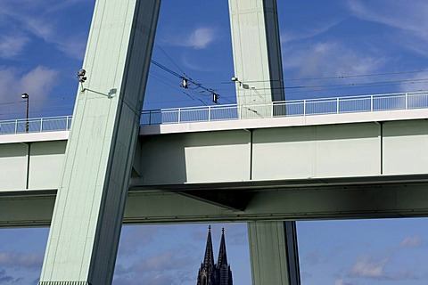 Unusual view of the Cologne Cathedral, Severinsbruecke Bridge at front, Cologne, North Rhine-Westphalia, Germany, Europe