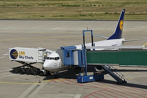 Lufthansa plane being unloaded, container and gangway connected to the airplane, apron, Cologne Bonn Airport, North Rhine-Westphalia, Germany, Europe