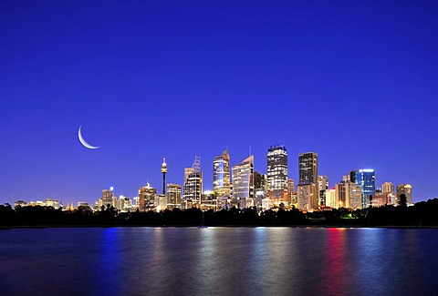 Skyline of Sydney, moon, TV Tower, Central Business District, night shot, Sydney, New South Wales, Australia