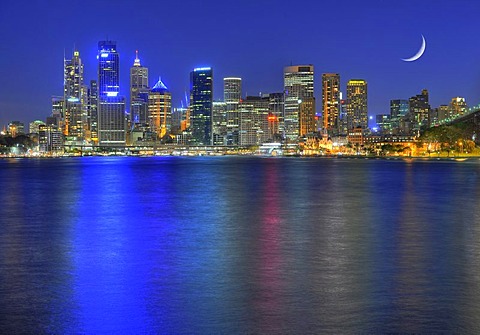 Sydney Harbour skyline, Central Business District, moon, night shot, Sydney, New South Wales, Australia