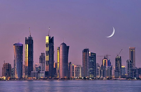 Twilight shot, skyline of Doha, Tornado Tower, Navigation Tower, Peace Towers, Al-Thani Tower, Moon, Doha, Qatar, Persian Gulf, Middle East, Asia