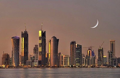 Twilight shot, skyline of Doha, Tornado Tower, Navigation Tower, Peace Towers, Al-Thani Tower, Moon, Doha, Qatar, Persian Gulf, Middle East, Asia