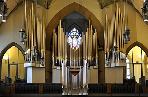 New Muehleisen pipe organ, indoor photo of Stiftskirche church in Stuttgart, landmark and the oldest Protestant church of Stuttgart, Baden-Wuerttemberg, Germany, Europe