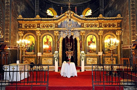 Interior, altar decorated for a baptism and marriage, church Hagia Sofia, Thessaloniki, Chalkidiki, Macedonia, Greece, Europe