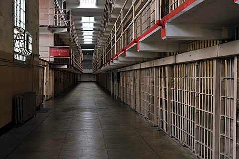 View into a cell block in the prison, Alcatraz Island, California, USA