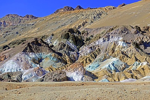 Rock colours caused by the oxidation of different metals, Artist's Palette at dusk, Death Valley National Park, California, USA, North America