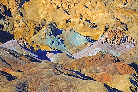 Rock colours caused by the oxidation of metals, Artist's Palette at dusk, Death Valley National Park, California, USA, North America